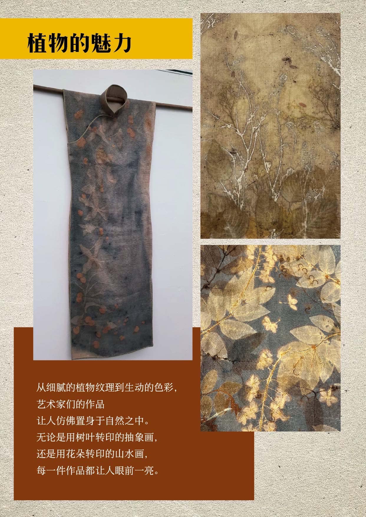 可能是顯示的文字是「植物的魅力 从细膩的植物纹理到生动的色彩， 艺术家们的作品 让人仿佛置身于自然之中。 无论是用树叶转印的抽象画 还是用花朵转印的山水画， 每一件作品都让人眼前一亮 一亮。」的圖像